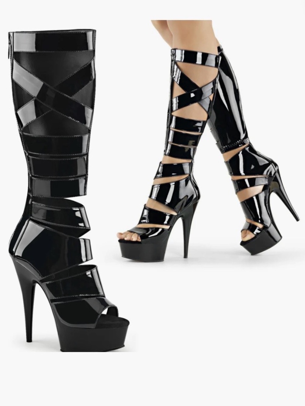 Pleaser Black Patent Knee-High Gladiator Platform Boots